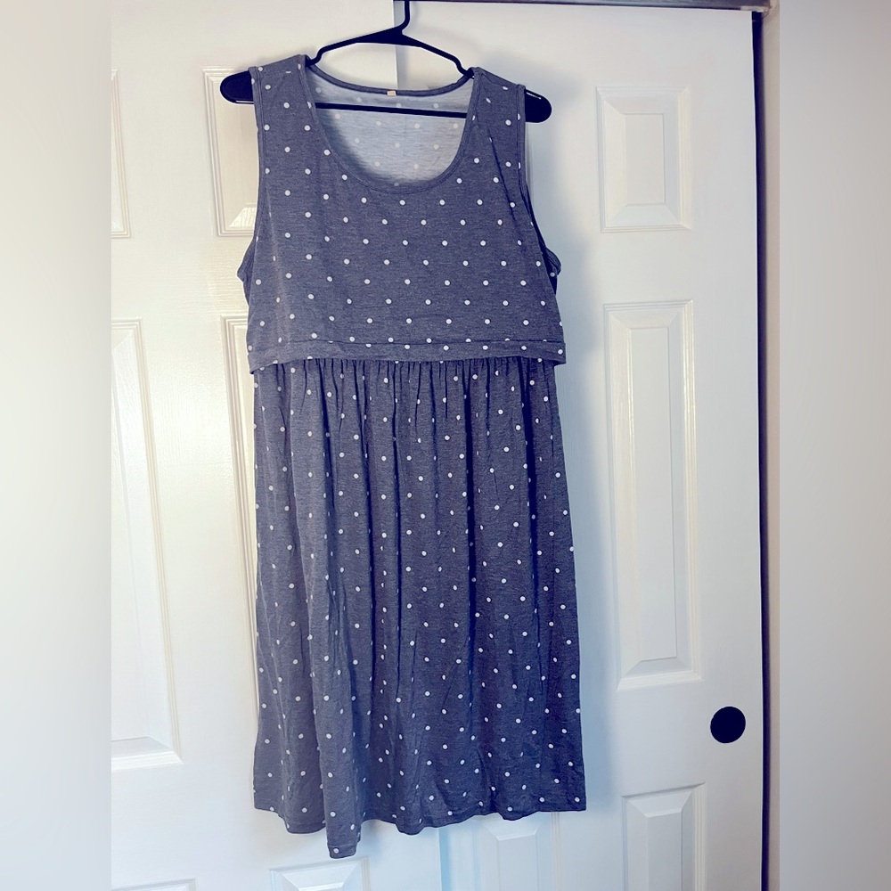 Polka Dot Maternity/Nursing Dress - Slate Blue and White